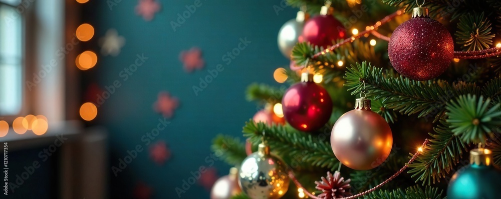 Colorful balloons and garlands add texture and interest to a Christmas tree, , decorative accents, christmas tree Colorful balloons and garlands add texture and interest to a Christmas tree, , decorative accents, christmas tree