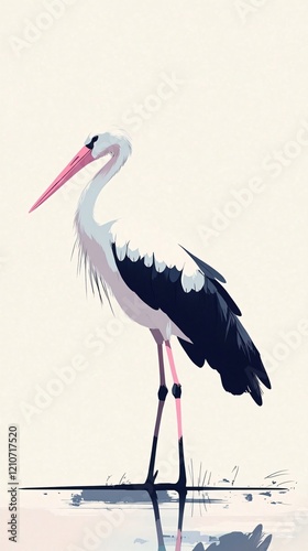 Elegant white stork with pink beak standing in water. Minimalist wildlife art, perfect for nature lovers and modern home decor.