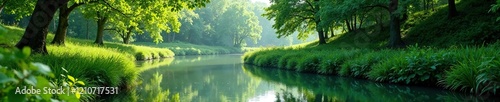 Lush vegetation frames the river's gentle curve, tranquil scene, trees, foliage