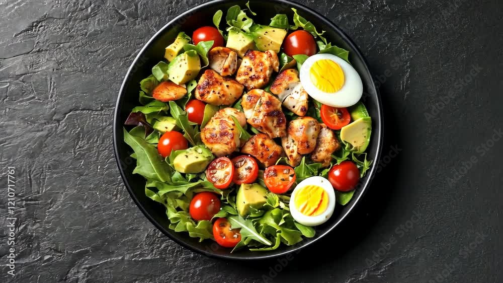 Colorful salad with grilled chicken, cherry tomatoes, avocado, and boiled eggs served in a black bowl for a healthy lunch Colorful salad with grilled chicken, cherry tomatoes, avocado, and boiled eggs served in a black bowl for a healthy lunch
