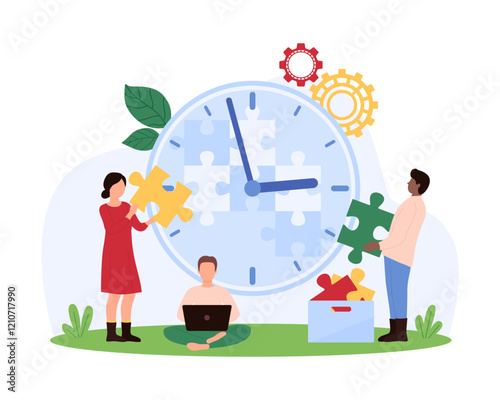 Time management, office teamwork to organize working hours, manage project, control schedule. Tiny people holding colorful pieces to complete puzzle inside big clock cartoon vector illustration