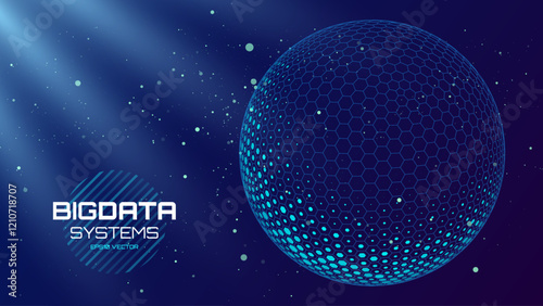 Geometric Dome Shield on a Dark Background. Futuristic Glowing Protection 3D Sphere. Technology Style HUD Design Element. Hexagon Force Field Shield. Vector Illustration. Digital Security Concept.