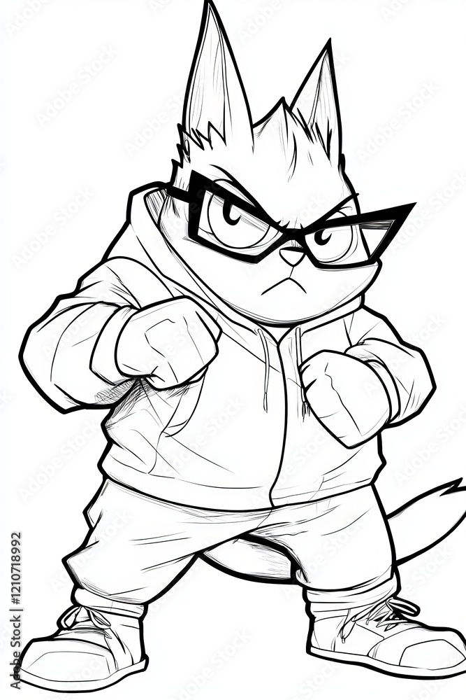 Fototapeta premium A confident cartoon cat character wearing glasses and a hoodie, striking a powerful pose.