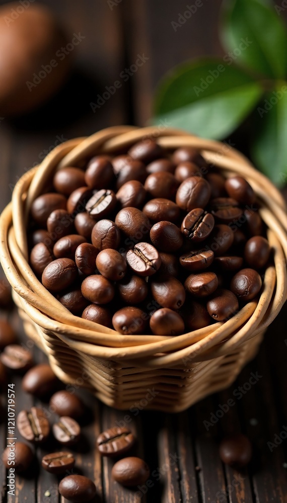 Fototapeta premium Aromatic roasted coffee beans in a woven basket, texture, natural