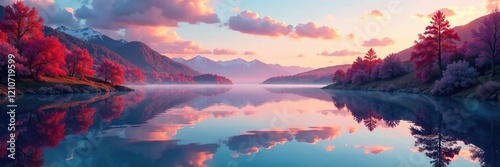 A kaleidoscope of colors reflected in the calm waters of a lake, reflection, hues