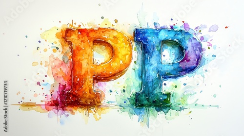 Watercolor rainbow letters PP with splatters. photo