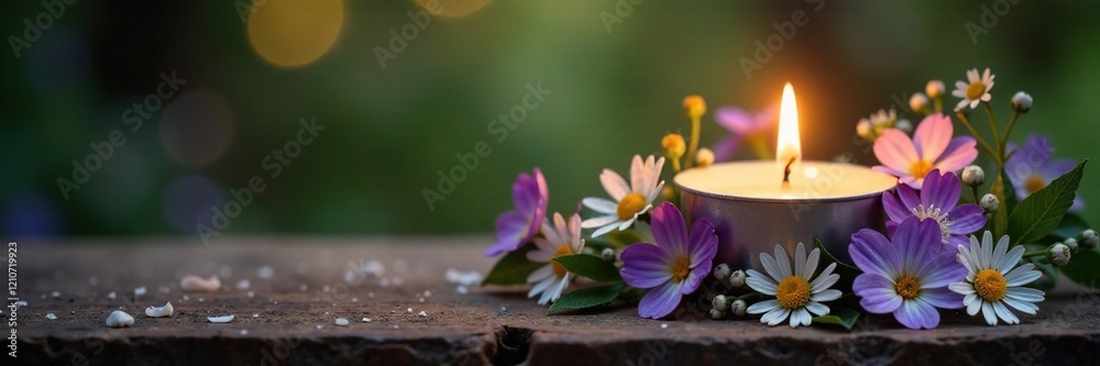 Tiny violets and daisies surround a small candle, charming, rustic charm Tiny violets and daisies surround a small candle, charming, rustic charm