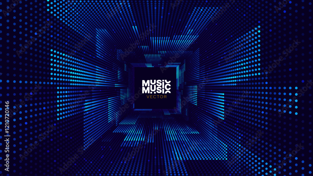 Obraz premium Square Frame Border Blue Lights DJ Party Flyer Background. Rectangle Tunnel Big Data Backdrop. Abstract Blue Digital Background. Computer Digital Tunnel Technology Vector Illustration.