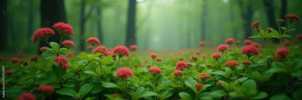 Bunchberry Flowering Cornus canadensis in misty forest, bunchberry, nature Bunchberry Flowering Cornus canadensis in misty forest, bunchberry, nature