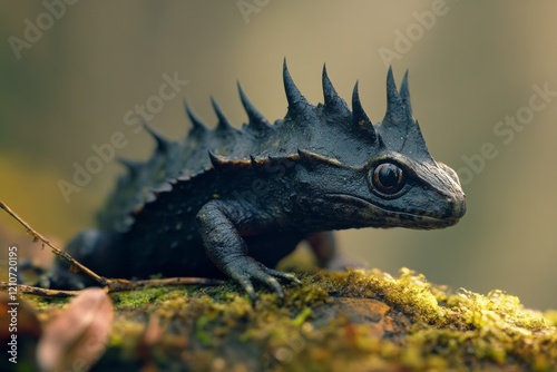 An exotic, spiky creature rests on moss, embodying ancient mystery and rugged beauty. photo