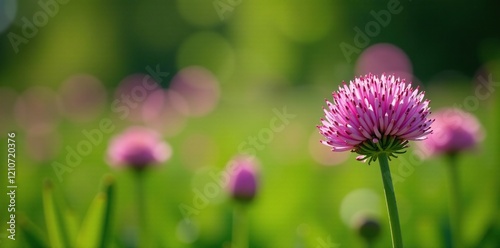 Wild leek flower Allium ampeloprasum in field, foliage, bloom photo