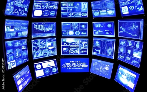 Futuristic digital data visualization on multiple screens.