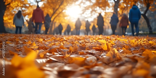 People walking on autumn leaves.