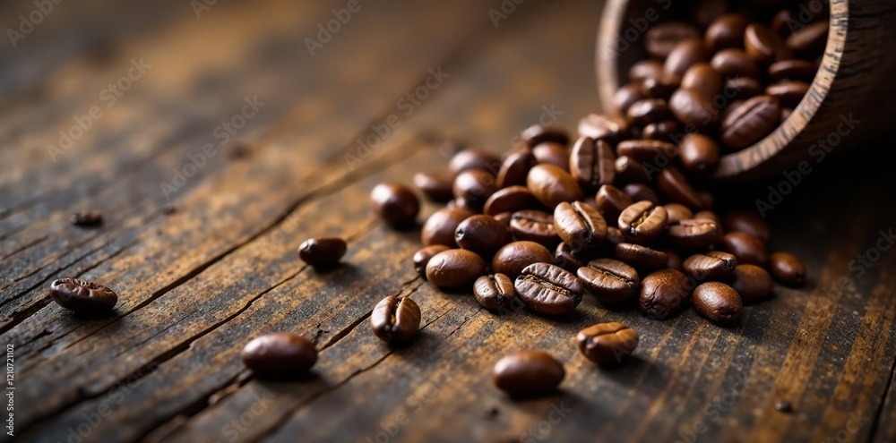 Dark rich wood table with scattered aromatic coffee beans, aroma, coffee beans Dark rich wood table with scattered aromatic coffee beans, aroma, coffee beans