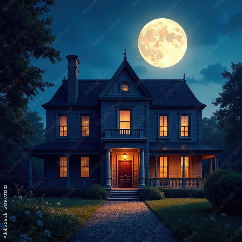 A mansion's facade bathed in an ethereal light with a large full moon hanging low over it, full moon, shadows A mansion's facade bathed in an ethereal light with a large full moon hanging low over it, full moon, shadows
