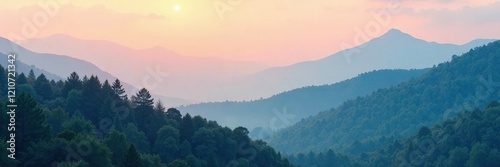 Calming gradient landscape with a misty forest, mist, atmospheric