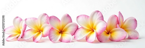 Delicate frangipani flowers in a solo arrangement on white background, tropical, petals