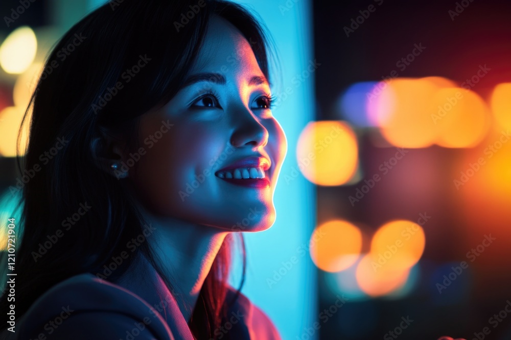 A happy woman looks off-camera with a warm smile, ideal for use in social media posts or advertisements A happy woman looks off-camera with a warm smile, ideal for use in social media posts or advertisements