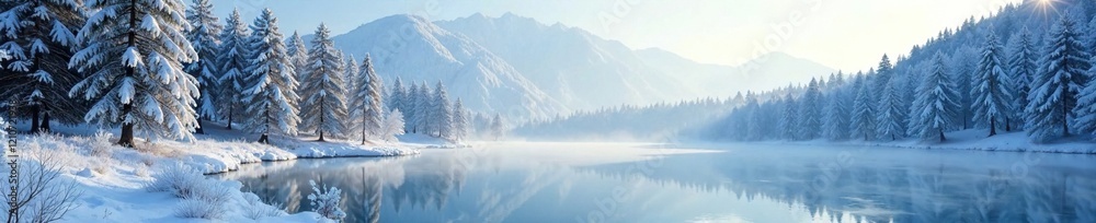 Frosty forest landscape with snow-covered trees and frozen lake in the Eifel mountains, forest, serene, lake Frosty forest landscape with snow-covered trees and frozen lake in the Eifel mountains, forest, serene, lake