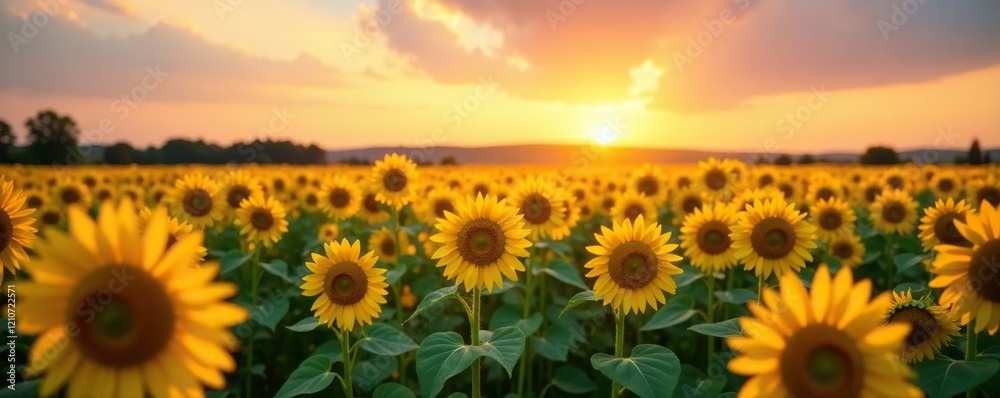 Fototapeta premium A sea of yellow sunflowers stretches across a golden field at sunset, natural scenery, sunflowers, daylight