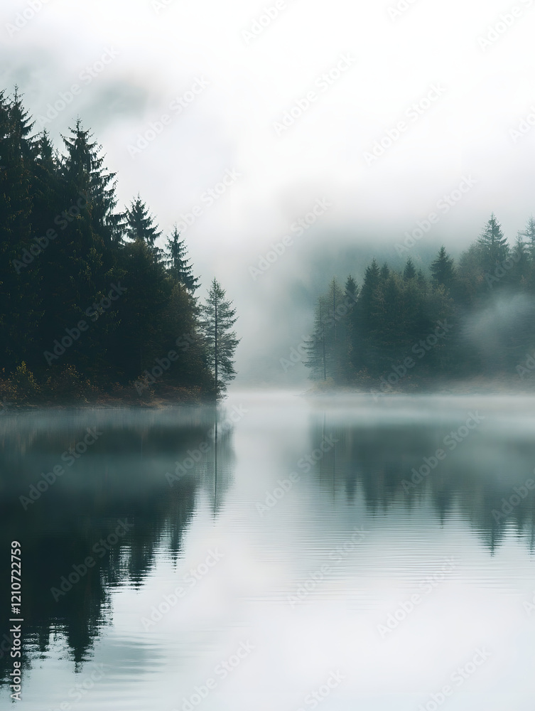 Fototapeta premium Serene Misty Lake with Pine Trees Reflecting in Tranquil Waters : Generative AI