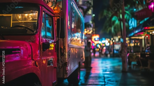 Pink food truck, city night, neon lights, street, parked
