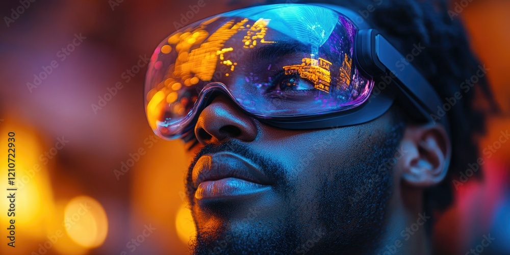 A person wearing goggles in front of a cityscape, ideal for use as a futuristic or sci-fi concept image A person wearing goggles in front of a cityscape, ideal for use as a futuristic or sci-fi concept image