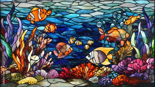 Underwater Scene In Stained Glass Featuring Marine