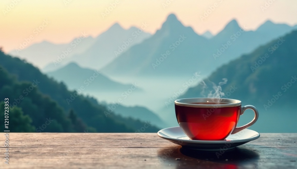 misty mountain peaks reflected in a cup of tea, mist, serene misty mountain peaks reflected in a cup of tea, mist, serene