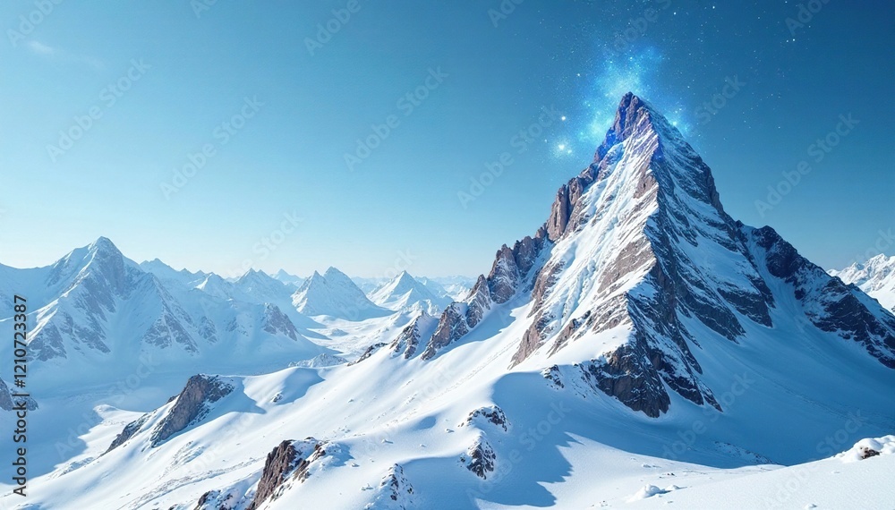 Fototapeta premium Snowflakes swirl around a frosty mountain peak, icy, snowy summit, frosty