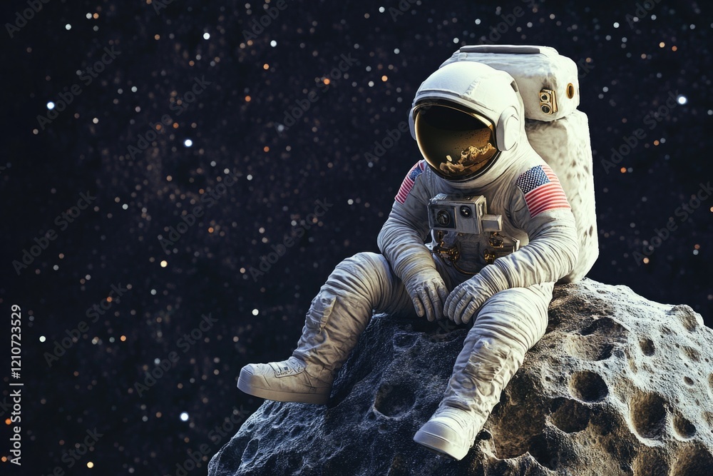 An astronaut sits on a rocky surface in space, a moment of contemplation