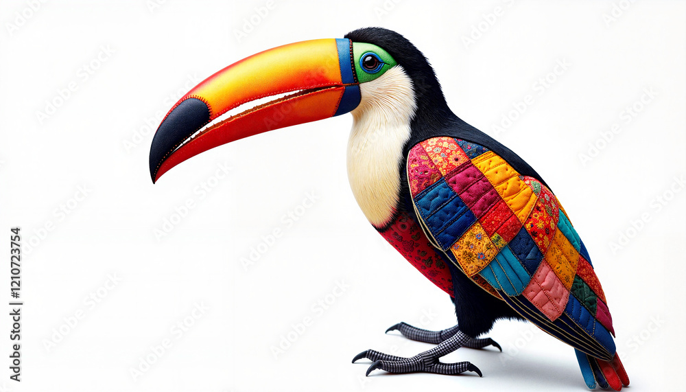 Fototapeta premium Colorful toucan in patchwork design on white background, artistic expression