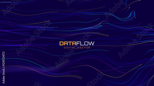 Digital Data Flow Vector Background. Big Data Technology Particles. Tech Business Backdrop. Dots Grid Waves Landscape. Information Flow in Virtual Reality Cyberspace. Vector Illustration.