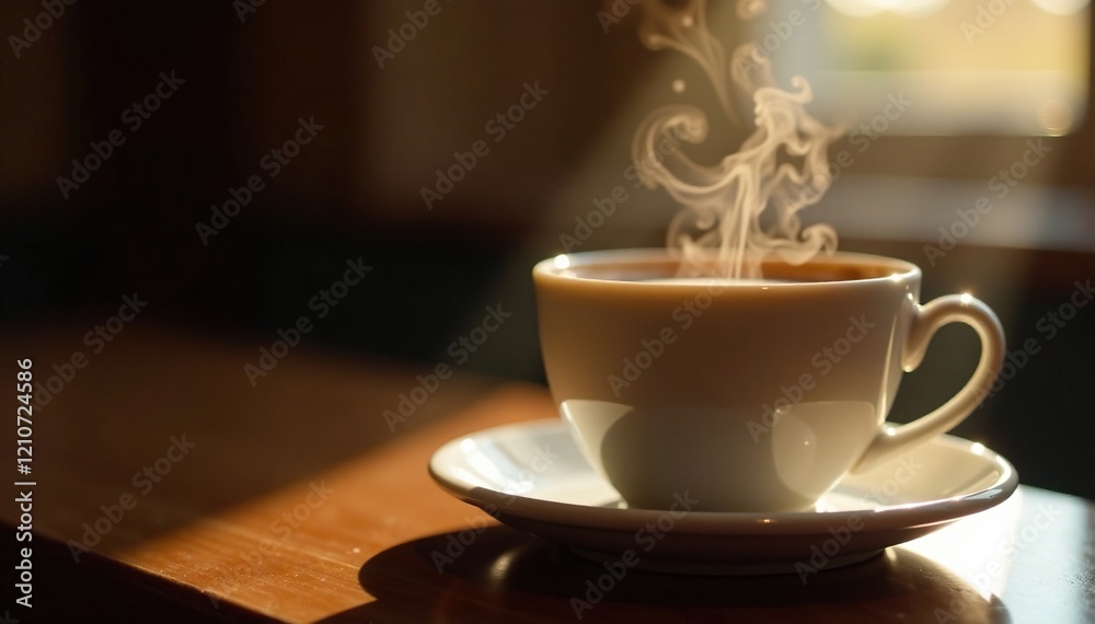 Obraz premium Soft light falls on a shiny coffee cup with rising steam and a subtle shadow effect, cup, beverage