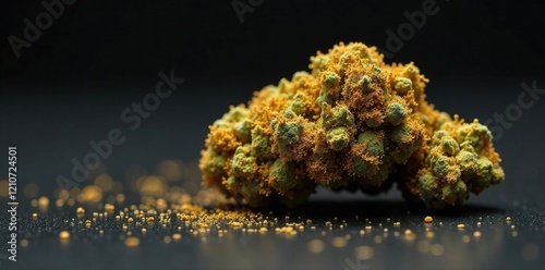 Golden amber trichomes glisten on dark surface, high potency, cannabis concentrate, cannabis trichomes photo