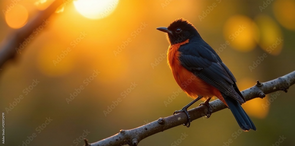 Fototapeta premium Black Redstart on a branch in the morning sunlight, sun, branches