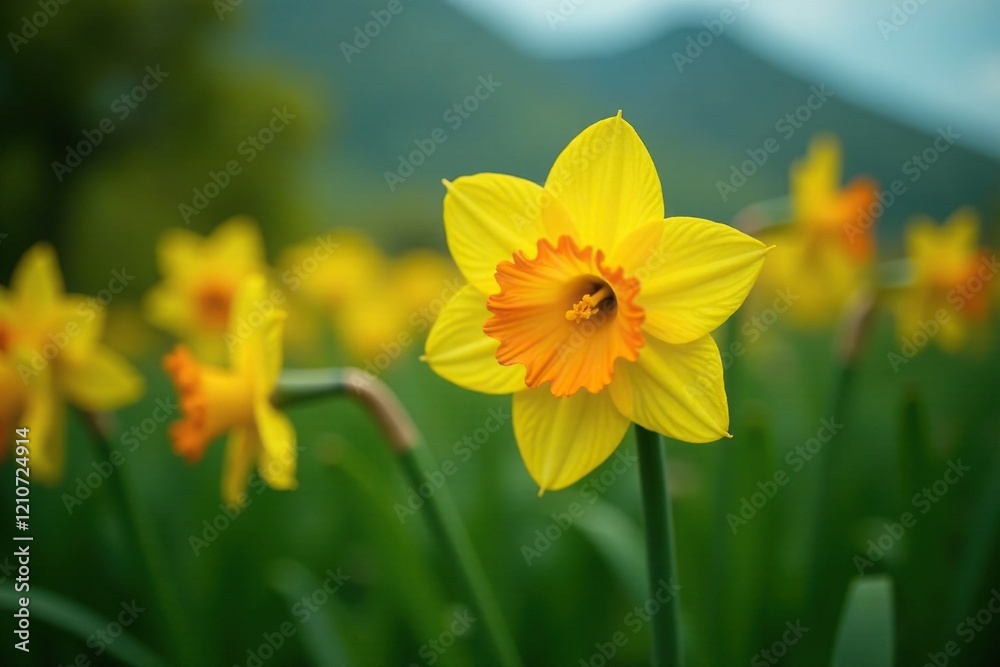 Bright yellow and orange double daffodil blooms in a Tahitian garden, blossoms, Tahiti Bright yellow and orange double daffodil blooms in a Tahitian garden, blossoms, Tahiti
