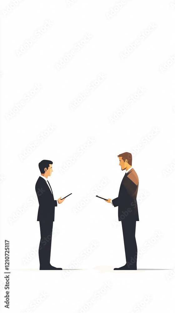 Two businessmen in suits having a discussion using tablet computers, conveying a sense of information exchange and visual communication. Two businessmen in suits having a discussion using tablet computers, conveying a sense of information exchange and visual communication.