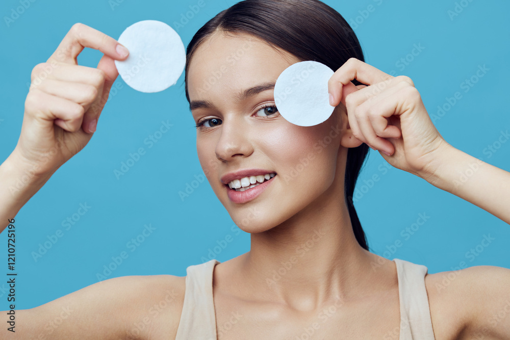 Beautiful young woman holding cotton pads, smiling, with a fresh and clear skin tone against a light blue background, reflecting a skincare and wellness theme Beautiful young woman holding cotton pads, smiling, with a fresh and clear skin tone against a light blue background, reflecting a skincare and wellness theme