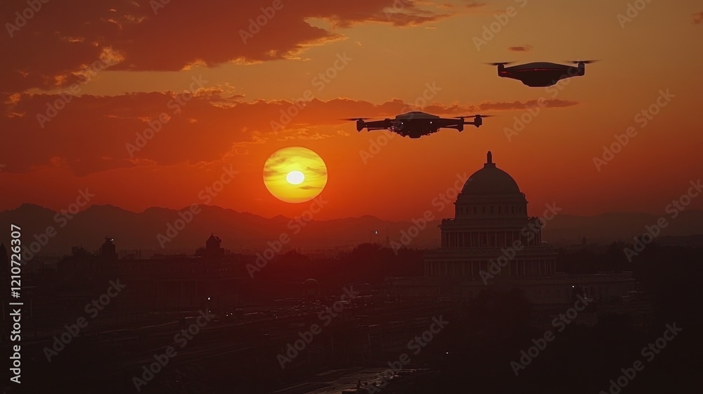 Obraz premium Aerial view of a city with a helicopter flying overhead as the sun sets in the background