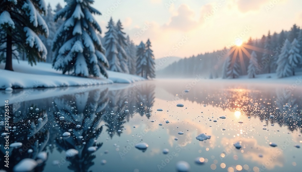 A frosty morning with snowflakes gently falling on a frozen lake, serene, scenery A frosty morning with snowflakes gently falling on a frozen lake, serene, scenery