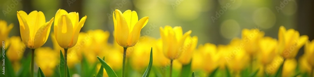 Obraz premium Bright yellow tulips sway in the spring breeze, Spring blooms, Greenery