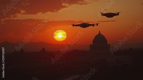 Wallpaper Mural Aerial view of a city with a helicopter flying overhead as the sun sets in the background Torontodigital.ca