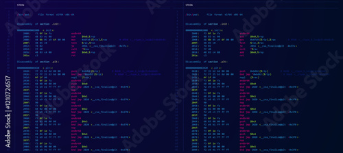Assembly Code Programming Language. Machine Code Program Hexadecimal Code. Computer Memory. Vector Illustration. Hacking, Cryptography, Malware, Reverse Engineering, Data Analysis Backdrop.