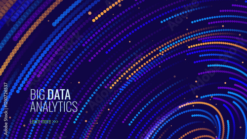 Big Data Visualization. Circular Particles With Trails Vortex. Futuristic Science or Finance Infographic Design. Complex Visual Data Background. Abstract Data Flowing. Vector Illustration.