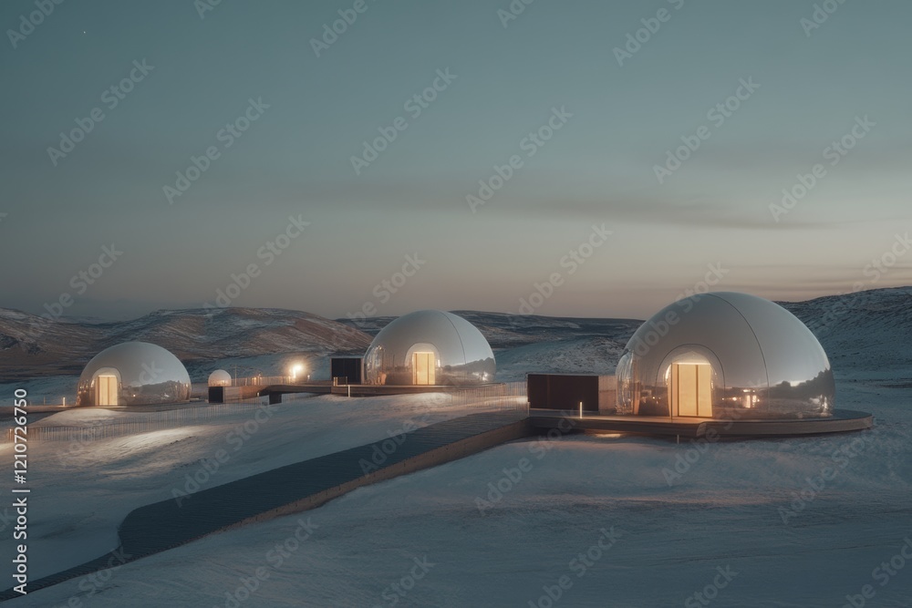 Obraz premium Elegant domes glow softly in a vast winter landscape, embraced by a serene twilight sky.