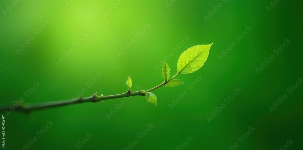 Obraz premium Thin green leaves stretching out from the tip of a thin branch, green leaves, green twigs, thin green