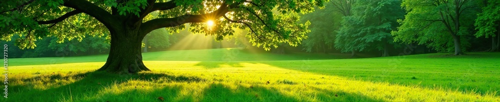 Soft sunlight casts dappled shadows on a lush green field beneath a majestic tree, foliage, tree Soft sunlight casts dappled shadows on a lush green field beneath a majestic tree, foliage, tree