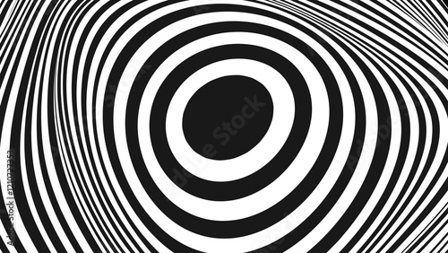 Psychedelic Warped Circles Lines Optical Illusion Texture. Abstract Geometric Background Vector Design. Abstract Black and White Optical Illusion Surrealism Tunnel Portal Vector Illustration.
