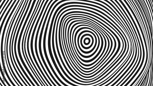 Psychedelic Warped Circles Lines Optical Illusion Texture. Abstract Geometric Background Vector Design. Abstract Black and White Optical Illusion Surrealism Tunnel Portal Vector Illustration.